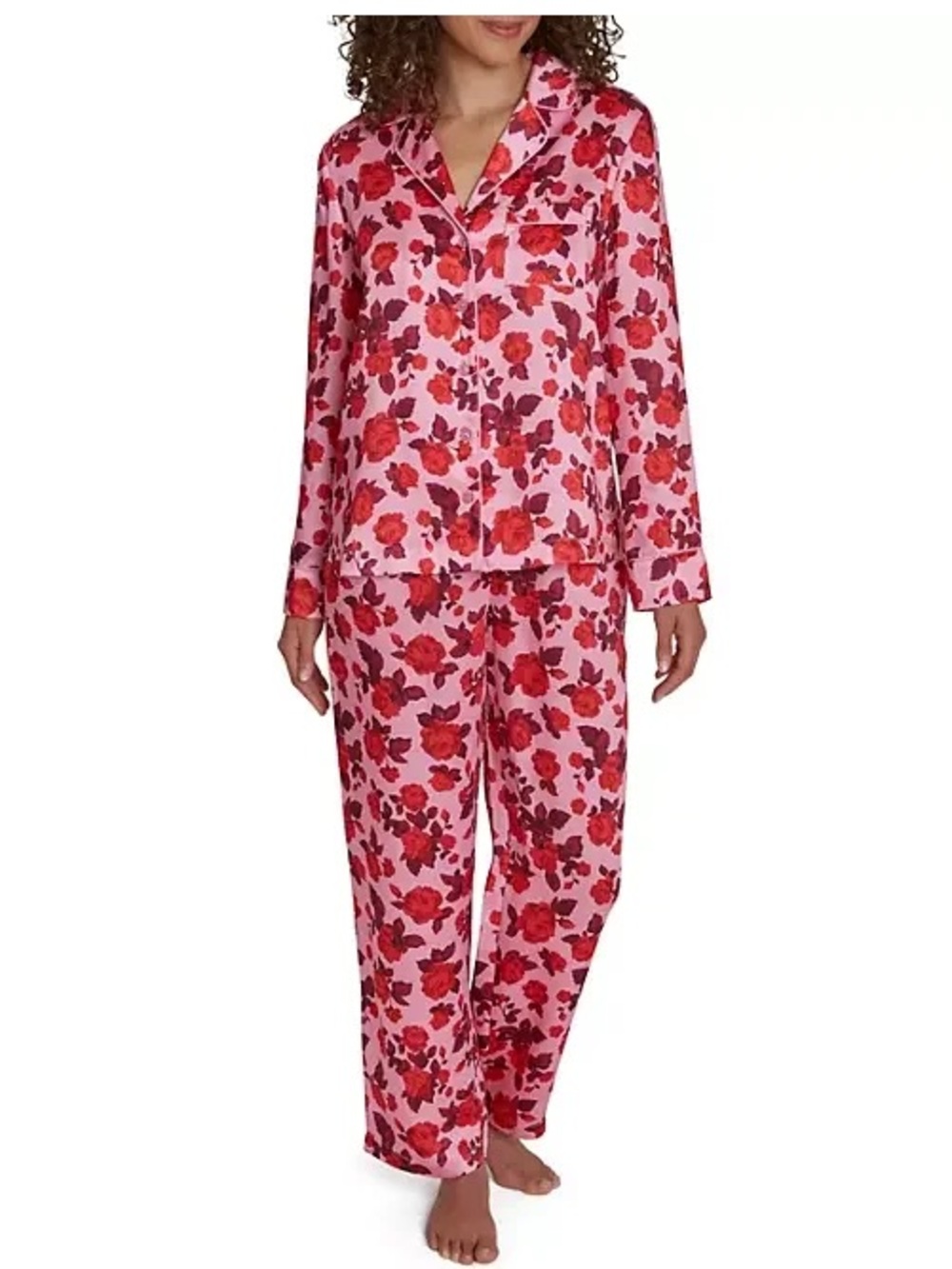 Women's Medium Pink Floral Button-Front Pajama Set